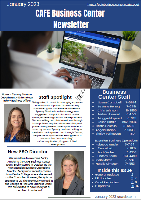 A screenshot of the first page of the January 2023 Business Center newsletter.