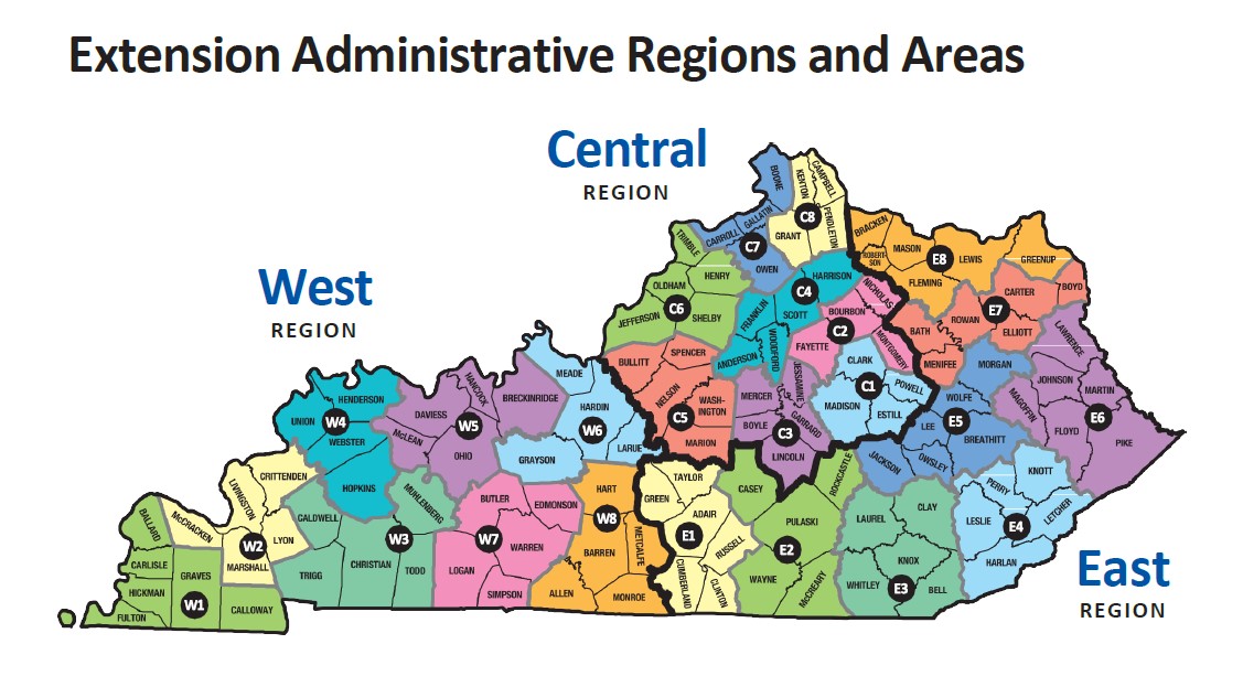 Color coded map of Kentucky Extension Regions & Areas