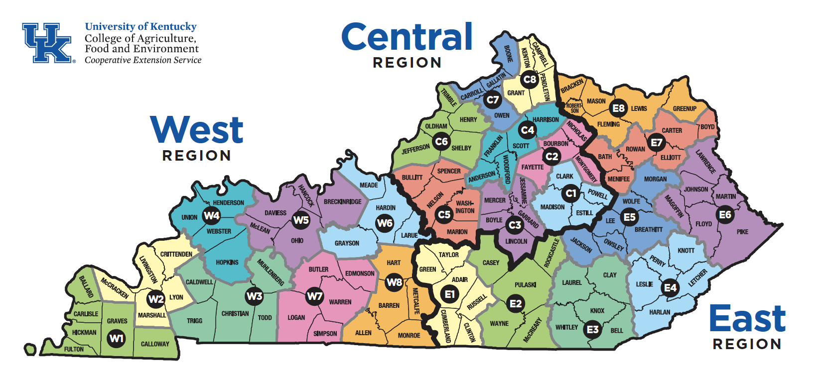 Color coded map of Kentucky Extension Regions & Areas